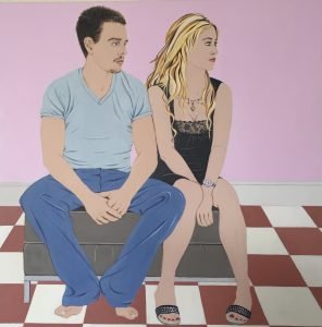 acrylic painting of couple sitting on a stoolcouple